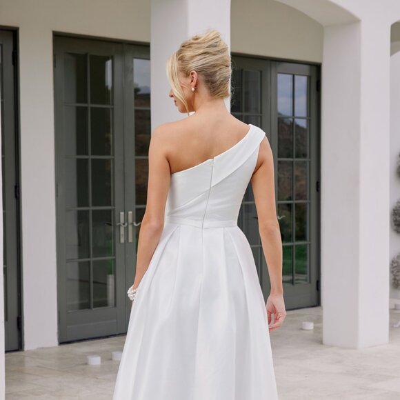 New One Shoulder White Wedding Tea Lenght Satin Gown w/ Side Pockets NX JE931W - Picture 6 of 8